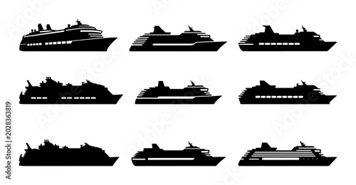 Bild auf Leinwand Modern Ferry Boat Silhouettes, Cruise Ship Icons, Maritime Transport Collection,