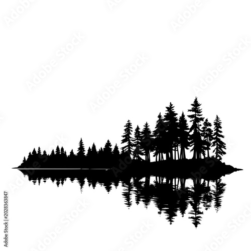 Quadro su tela Serene forest lake shoreline silhouette with trees reflected in calm water, peaceful natural scenery vector illustration