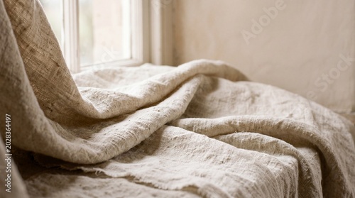Tableau sur toile softly draped raw linen fabric on a window sill in morning light