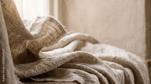 Obraz na plátně Draped raw linen fabric settling into soft valleys in warm morning light