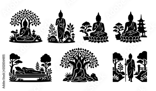 Foto Buddha Silhouette Icons, Meditation & Enlightenment Scenes, Spiritual & Zen Art