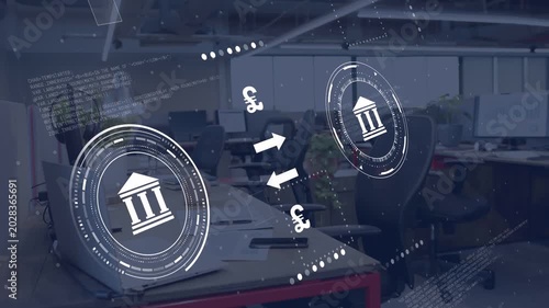 Bank icons appearing, HUD animating with rotating badges and cycling currencies showing transfers