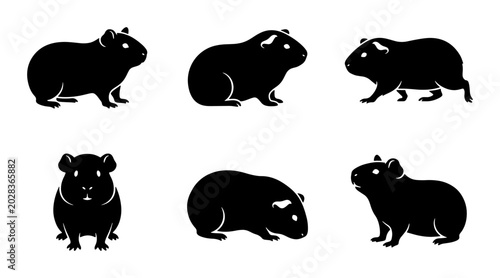 Konstfotografi Six Black Guinea Pig Silhouettes, Cute Rodent Vector Icons, Adorable Pet Animal