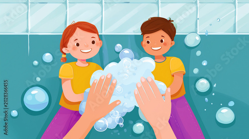 Illustration of smiling children washing hands together with colorful soap foam and water drops.