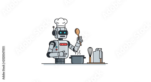 Robot chef cooking with utensils and pot.