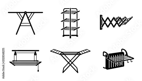 Fotografía Laundry Drying Racks Vector Icons, Clothes Airer Set, Household Utility Equipmen