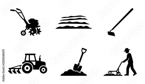 Schilderij op canvas Agricultural Icons: Tractor, Tiller, Hoe, Shovel, Plow, Farmer, Cultivation Vect