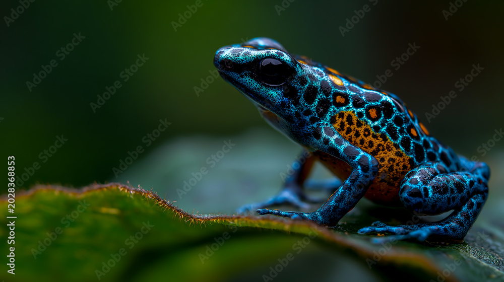 Obraz premium Blue poison dart frog with orange spots resting on green leaf in tropical rainforest