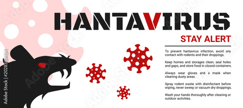 Canvas Print Hantavirus alert banner with the silhouette of a threatening rodent, virus cells, and text with the infection prevention strategy