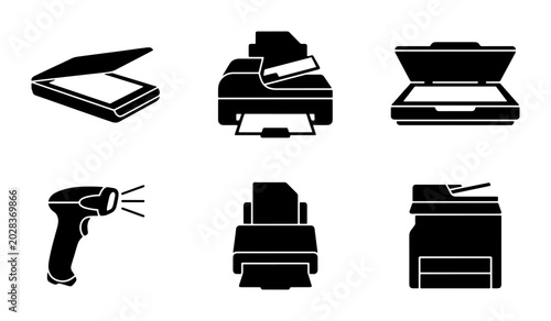 Bild auf Leinwand Office Equipment Icons: Scanner, Printer, Barcode Reader, Copier Set, Business T