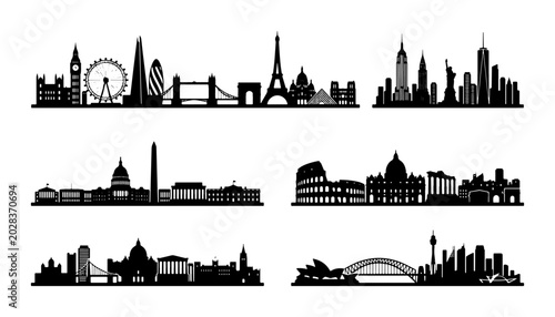 Tableau sur toile Global City Skylines Silhouette Collection, Iconic Landmarks Vector Set, Urban A