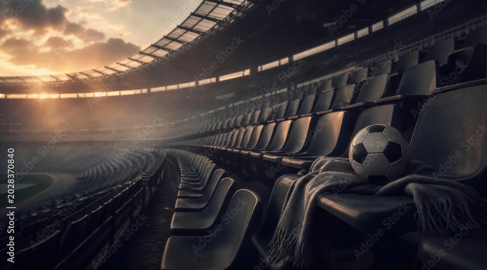 Fototapeta premium Empty stadium seats with football on a blanket at sunset, global sports competition