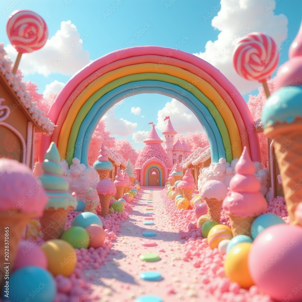 Obraz premium Pink candy land pathway leads to fairytale castle under bright rainbow arch. Cones with ice cream and lollipops line route. Sweet dessert fantasy world.