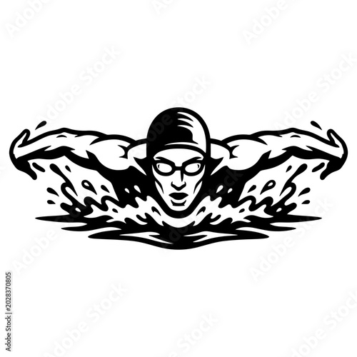 Bold Black and White Swimming Athlete Vector Illustration with Thick Outline Freestyle Swimmer Isolated on White Background for Sports and Fitness Design