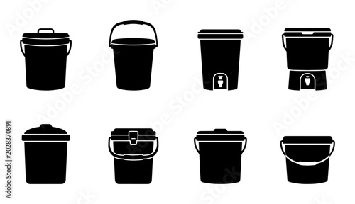 Photos Black Silhouette Buckets Collection, Various Styles, Simple Icons for Storage an