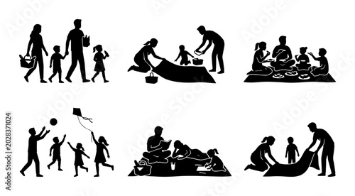 Obraz na płótnie Family Picnic Silhouettes, Outdoor Leisure Activities, Summer Recreation Vector