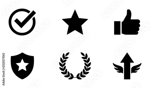 Photos Award Icons Set: Checkmark, Star, Thumbs Up, Shield, Laurel Wreath, Achievement