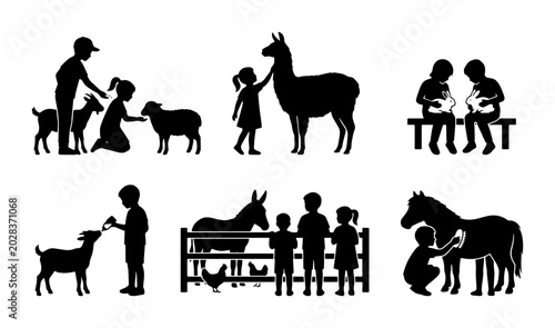 Konstfotografi Farm Animal Silhouettes, Children Interacting with Livestock, Rural Life Vector