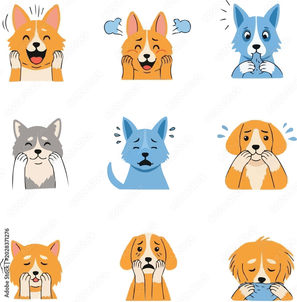 Fototapeta premium Set of Cute Dog Emoji-Style Vector Illustrations Including Different Breeds Expressing Emotions and Gestures for Pets, Animals, Communication, Social Media, and Digital Design Projects
