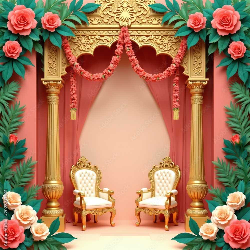 Obraz premium Ornate golden archway with floral garlands, green plants frames elegant white chairs. Scene suggests lavish wedding celebratory event setup. Perfect for creating romantic atmosphere.