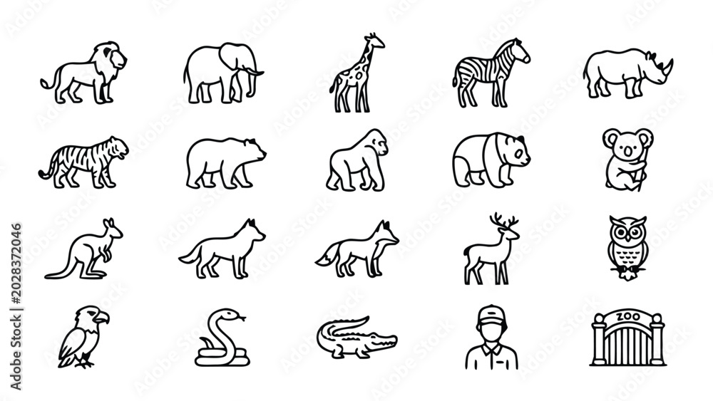 Obraz premium Set of 20 Minimalist Wild Animal and Zoo Line Icons Featuring Lion, Elephant, Giraffe, Zebra, Rhino, Tiger, Bear, Gorilla, Panda, Koala, Kangaroo, Wolf, Fox, Deer, Owl, Eagle, Snake, and Crocodile.