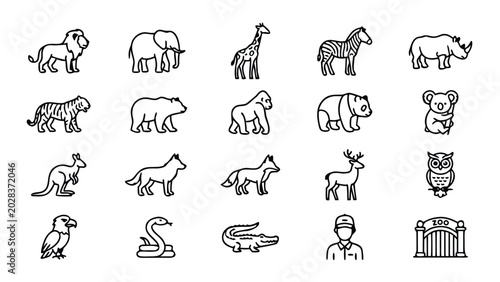 Set of 20 Minimalist Wild Animal and Zoo Line Icons Featuring Lion, Elephant, Giraffe, Zebra, Rhino, Tiger, Bear, Gorilla, Panda, Koala, Kangaroo, Wolf, Fox, Deer, Owl, Eagle, Snake, and Crocodile.