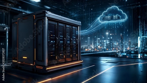 Futuristic Cloud Computing Server Rack Smart City Concept