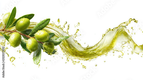 Fresh Olive Oil Splash: A vibrant sprig of green olives with dew drops, accompanied by a dynamic splash of golden olive oil, symbolizing freshness and natural essence.