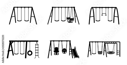 Bild auf Leinwand Playground Swing Set Icons, Outdoor Recreation Equipment Vector Graphics, Childr