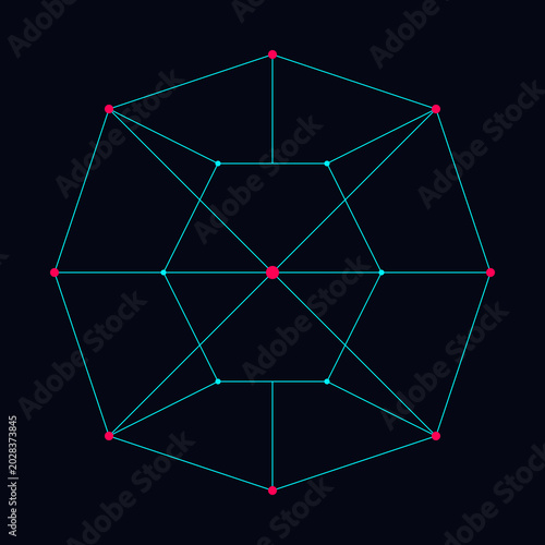 Symmetrical geometric plexus network with connected nodes and cyan lines on dark background technology illustration