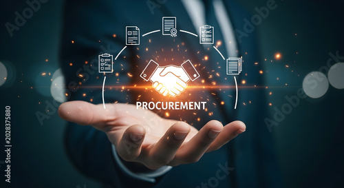 Strategic Procurement Management with Businessman Hand Holding Glowing Handshake and Document Icons for Supply Chain Logistics.