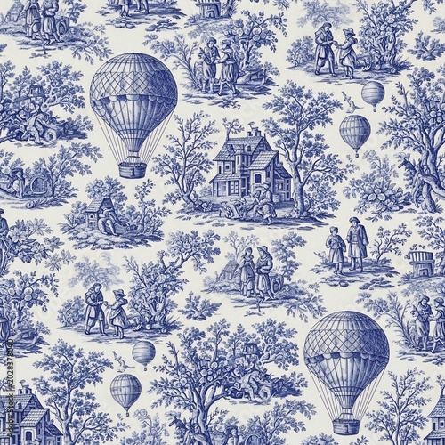 Whimsical Blue Toile: Hot Air Balloons & Village Life in Classic Illustration