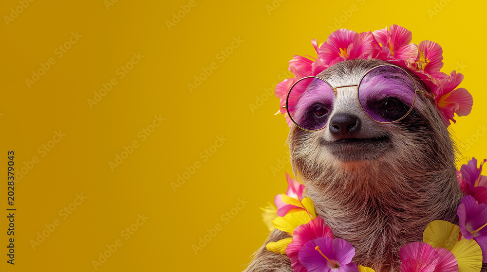 Obraz premium Funny sloth wearing pink sunglasses with tropical hibiscus flowers on bright yellow background, summer vacation concept with copy space for text