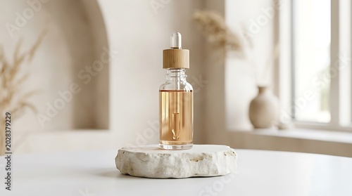 Face serum bottle on stone pedestal in minimalist beige interior