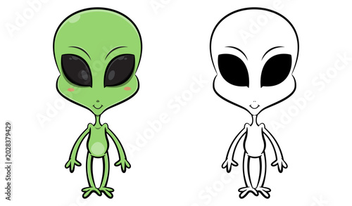 Friendly green alien character standing upright and looking forward isolated on white background