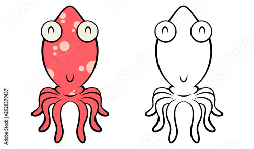 Cute pink cartoon squid swimming next to its black and white outline version. Creative educational coloring page template for children activity book isolated on white background