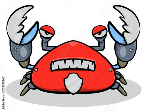 Robotic crab mascot with metal claws and a small shield symbol on its body. Futuristic cyber security, data protection, and internet safety concept isolated on white background