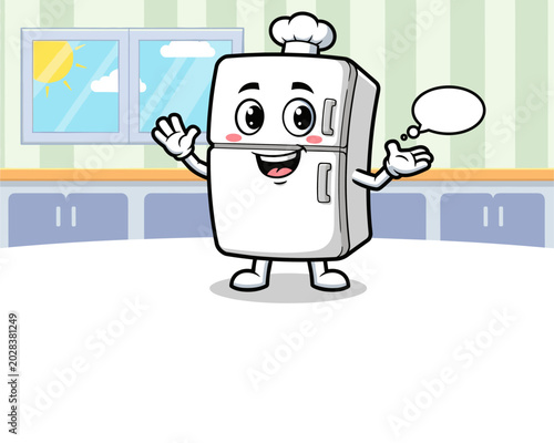 Billede på lærred Cheerful Cartoon Refrigerator Chef in Kitchen, Fun Illustration, Bright & Colorf