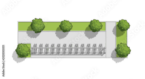Tableau sur toile Top view of bicycle parking area with metal racks and small trees in green spaces for public city street map