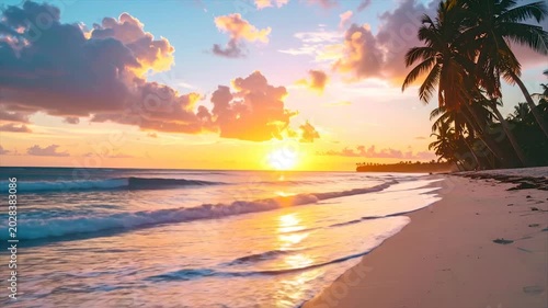 A tropical beach scene showcases a vibrant sunset over the ocean with palm trees on the right