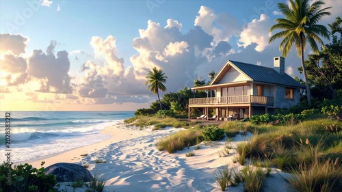 A beach house with balcony on a white sand beach, palm trees, ocean, blue sky, and clouds
