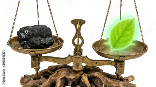 Symbolic Balance Scale Weighs Green Energy's Value Against Coal's Environmental Impact