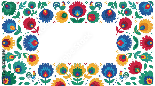 Traditional Polish Folk Art Floral Border with Colorful Roosters and Flowers, Symmetrical Slavic Pattern Frame for Invitation and Greeting Card Design, Flat Vector Poland style illustration