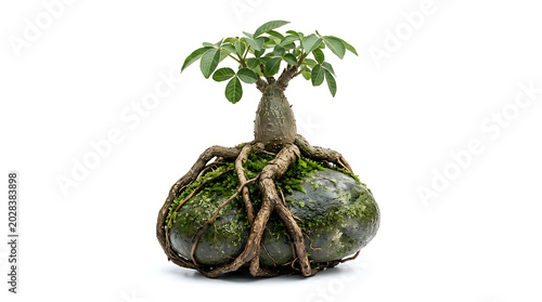 Unique bonsai tree with exposed roots growing from a moss-covered rock