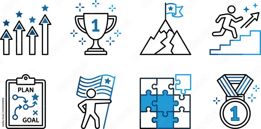 Fototapeta premium Business Goal Plan and Corporate Success Achievement Line Icon Set for Leadership Career Growth Apps