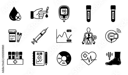 Tableau sur toile Blood sugar glycemia vector icon set with glucose monitoring and diabetes medica