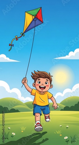 Joyful boy runs with a colorful kite against a bright blue sky and rolling green hills, digitally illustrated.