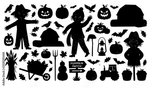 Cuadro en lienzo Trendy Halloween scarecrow vector bundle with spooky pumpkin farm character illu