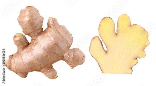 Close-up, Fresh ginger rhizome and half  isolated, transparent PNG