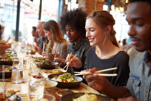 A multi-cultural family eating dinner with chopsticks and forks simultaneously at a fusion food restaurant, urban setting, shallow depth of field